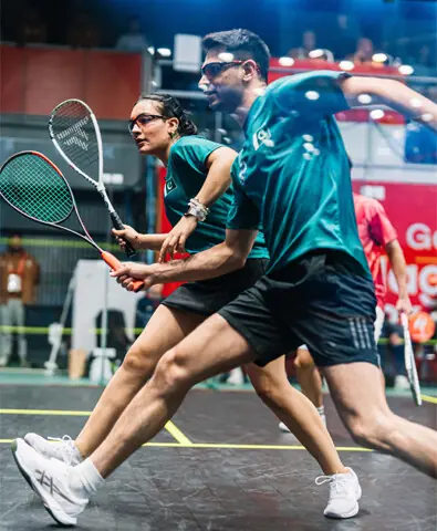    NAGOYA: Pakistan&rsquo;s Asim Khan and Mehwish Ali in action during the mixed doubles round-of-16 squash match against Naoki Hayashi and Erisa Sano of Japan at the Nagoya Kinjo Futo Arena on Thursday.&mdash;Courtesy World Squash   