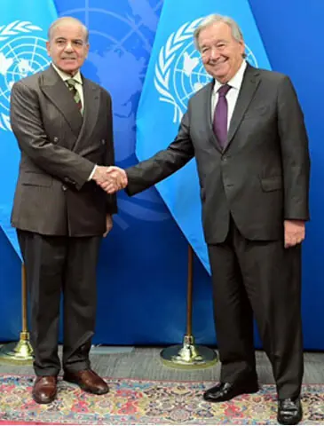 PRIME Minister Shehbaz Sharif shakes hands with UN Secretary General Antonio Guterres.—PM Office