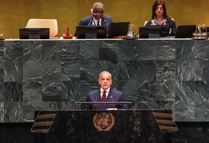 Prime Minister Shehbaz Sharif addresses the 81st session of the United Nations General Assembly.—AFP