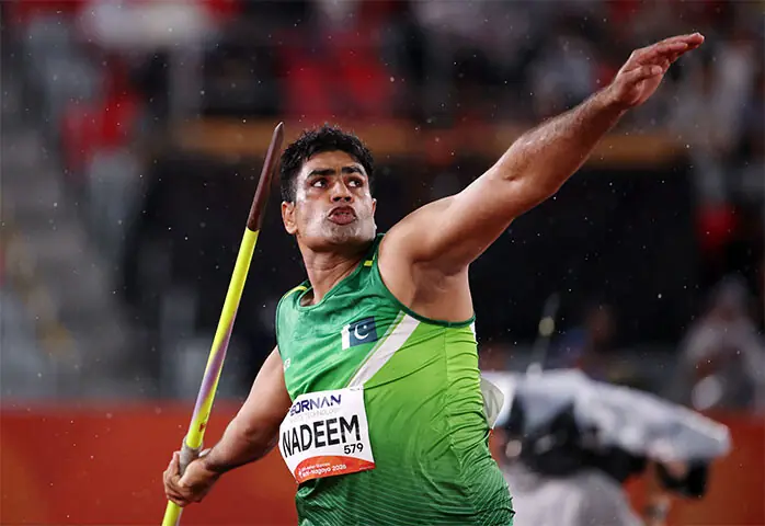  NAGOYA: Pakistan&rsquo;s Arshad Nadeem competes during the Asian Games Javelin Throw final at Paloma Mizuho Sports Park on Monday.&mdash;Reuters 