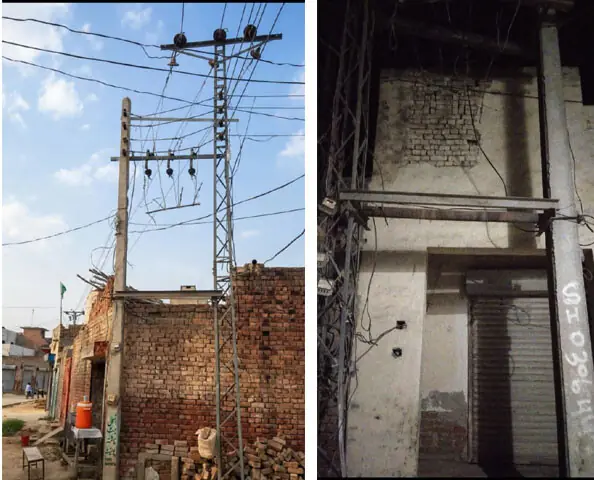 KASUR: Poles after the removal of a transformer at Bhagiwal Tiba village. (Right) Meters installed at a pole contradict the Lesco claim that there were no meters in village. — Dawn photos