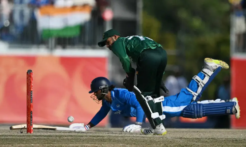 Indian batter Tilak Varma dives to complete a run and reach his half century during the Asian Games cricket final against Pakistan at the Korogi Athletic Park in Nisshin, Japan on October 3, 2026.–AFP