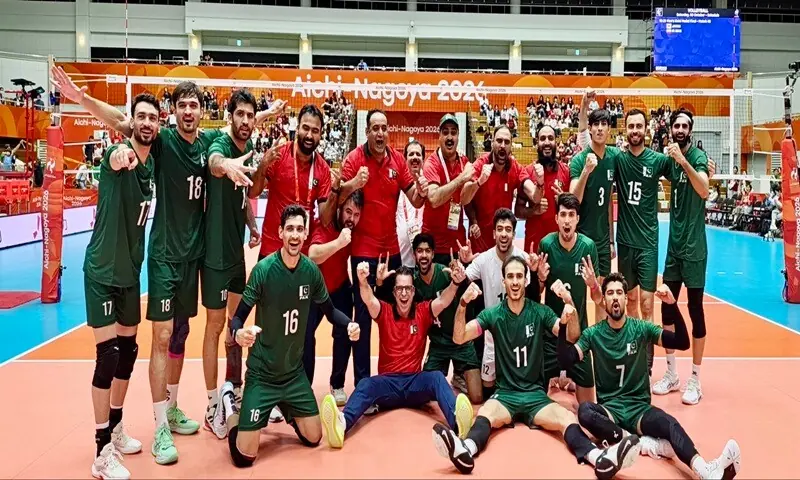 Members of Pakistan volleyball team celebrate after defeating China in the Asian Games bronze medal match at the Okazaki Chuo Sogo Park Gymnasium in Okazaki, Japan, on October 3, 2026. &mdash;Courtesy POA