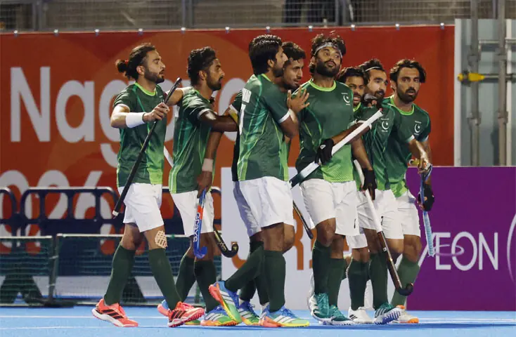   Kakamigahara: Pakistan&rsquo;s Rana Waheed (fourth R) celebrates with team-mates after scoring against South Korea during their Asian Games bronze medal match at the Gifu Prefectural Green Stadium on Saturday. &mdash;Reuters  