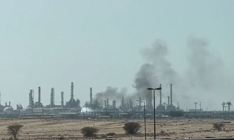 Smoke rises from a fire at the Aramco refinery south of Riyadh, Saudi Arabia, on October 3, 2026. &mdash; Reuters