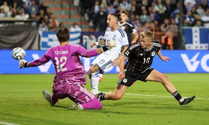 Germany’s Jonathan Burkardt scores a goal that was later disallowed during the Nations League Group A2 match against Greece at the Toumba Stadium in Thessaloniki, Greece, on October 4, 2026. —Reuters