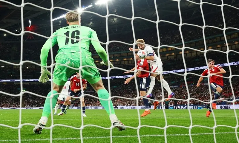England’s Harry Kane heads to score past the Czech Republic’s goalkeeper Lukas Hornicek during their UEFA Nations League Group A3 match at the Wembley Stadium in London on October 6, 2026. —Reuters