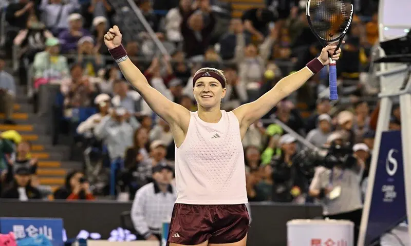 Karolina Muchova of the Czech Republic celebrates after beating Japan’s Naomi Osaka during their China Open round-of-16 match at the National Tennis Centre in Beijing, China, on October 6, 2026. —AFP
