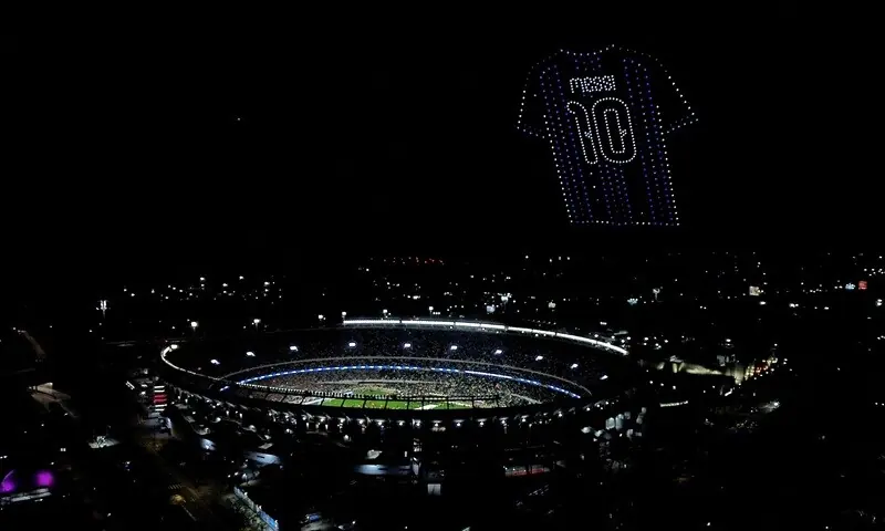 A view of the drone show displaying the shirt of Argentina’s Lionel Messi over the Monumental Stadium following his final international match on October 6, 2026. —Reuters