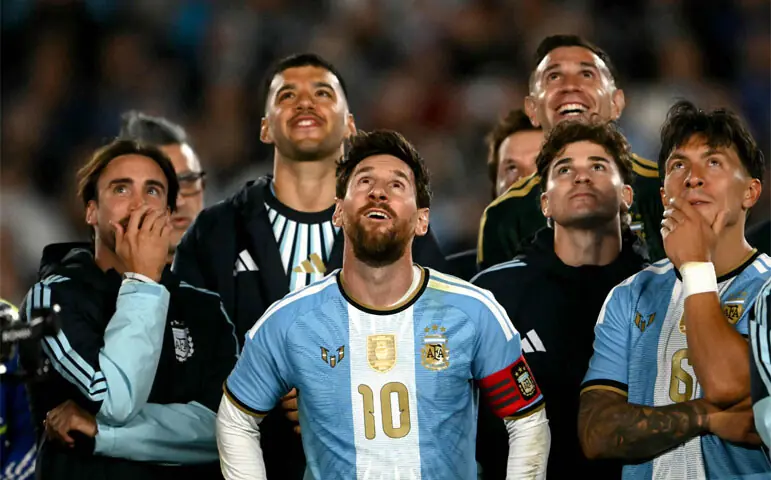 LIONEL Messi cries during a tribute after the match.—AFP
