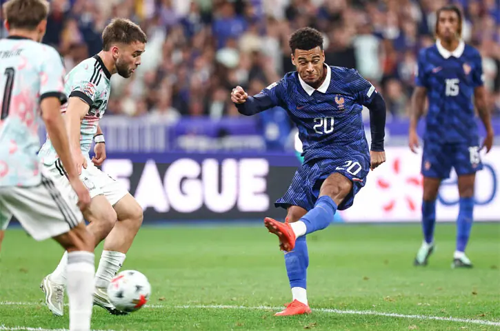 PARIS: France’s Desire Doue shoots to score during the UEFA Nations League Group A1 match against Belgium at Stade de France.—AFP