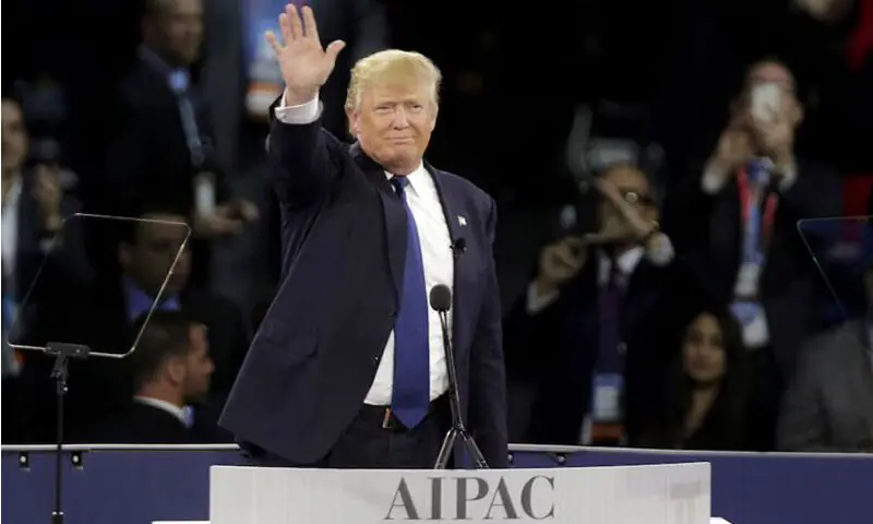  US President Donald Trump waves after addressing the Israeli lobbying organisation AIPAC during his presidential campaign in 2016 | Reuters 