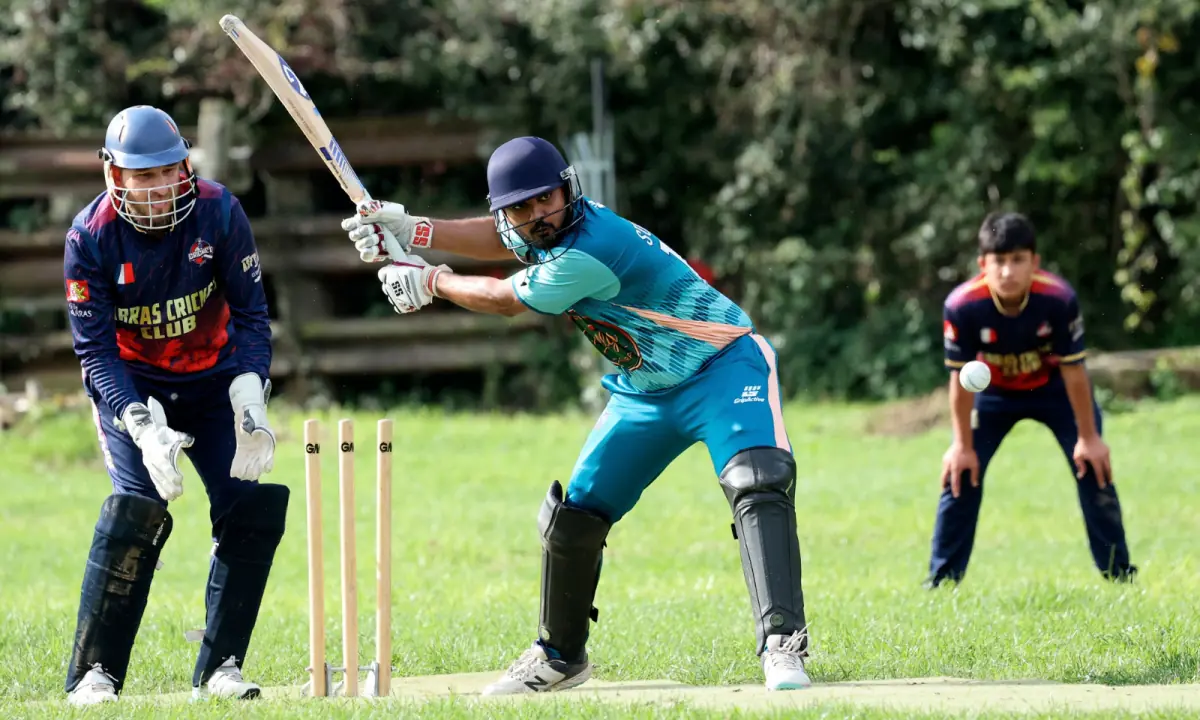 Brussels’ player Sumit hits the ball during the international cricket match between Brussels and Arras as part of the 11th edition of the Liettres Challenge 1478, in Liettres on October 3, 2026.–AFP