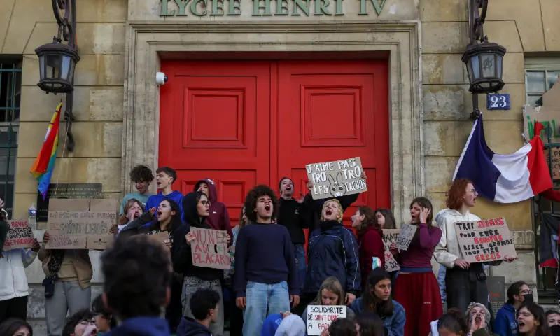 French students gather outside the Lycee Henri-IV in Paris as part of nationwide protests to demand better school conditions in France, October 8, 2026. —Reuters
