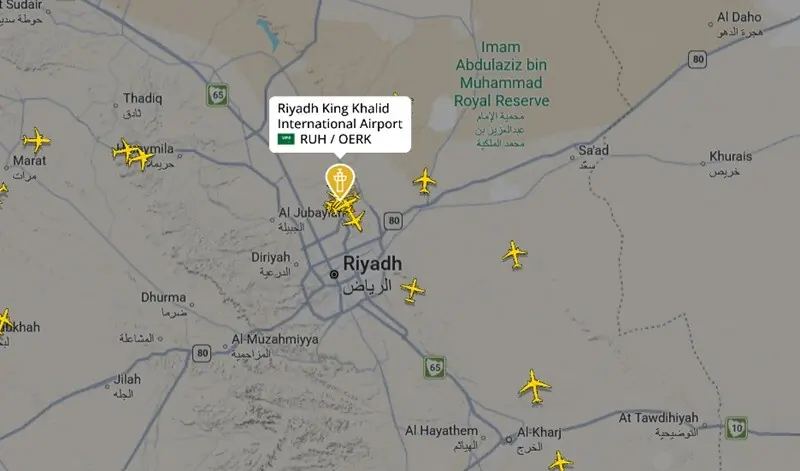 Flightradar24 shows the lack of flights arriving or departing from Riyadh airport. &mdash; Screenshot Flightradar24