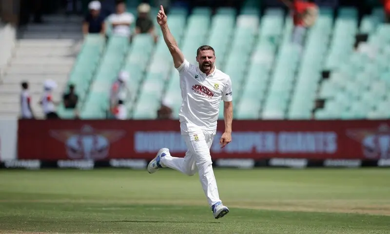 South African fast bowler Anrich Nortje celebrates after dismissing Australian batter Beau Webster during the first Test at the Kingsmead Stadium in Durban on October 9, 2026. —AFP