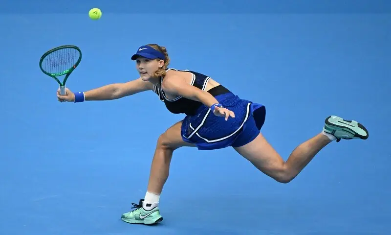 Russia’s Mirra Andreeva in action during the China Open semi-final against Nikola Bartunkova of the Czech Republic at the National Tennis Centre in Beijing, China, on October 10, 2026.— AFP