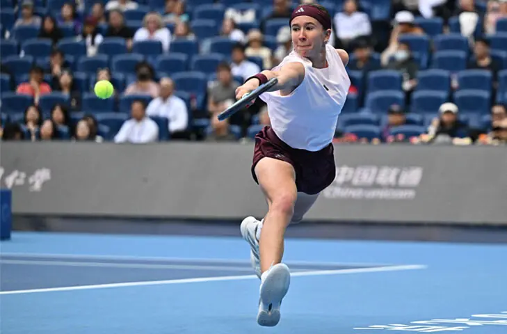  NIKOLA Bartunkova of the Czech Republic hits a return against&nbsp;Russia&rsquo;s Mirra Andreeva during their China Open semi-final at the National Tennis Centre on Saturday.&mdash;AFP 