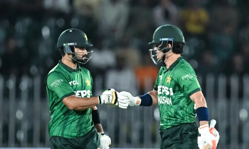 Sahibzada Farhan and Maaz Sadaqat convene during their partnership during the second Twenty20 International against Sri Lanka at the Rawalpindi Cricket Stadium in Rawalpindi on October 11, 2026.—AFP