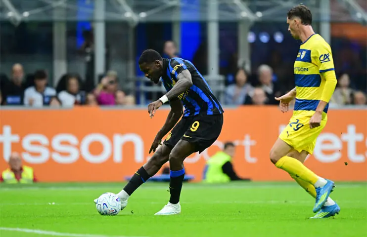 MILAN: Inter Milan’s Marcus Thuram scores during the Serie A match against Parma at San Siro.—Reuters