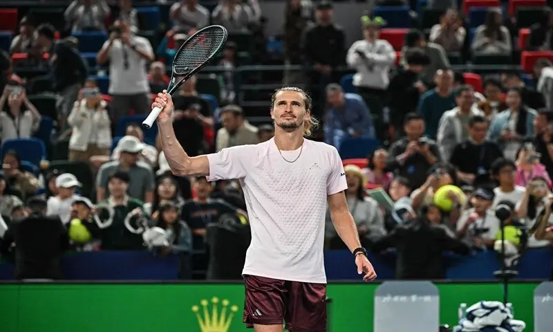 Germany’s Alexander Zverev celebrates after winning against France’s Quentin Halys during their Shanghai Masters round-of-32 match at the Qizhong Forest Sports City Arena in Shanghai, China on October 11, 2026. —AFP