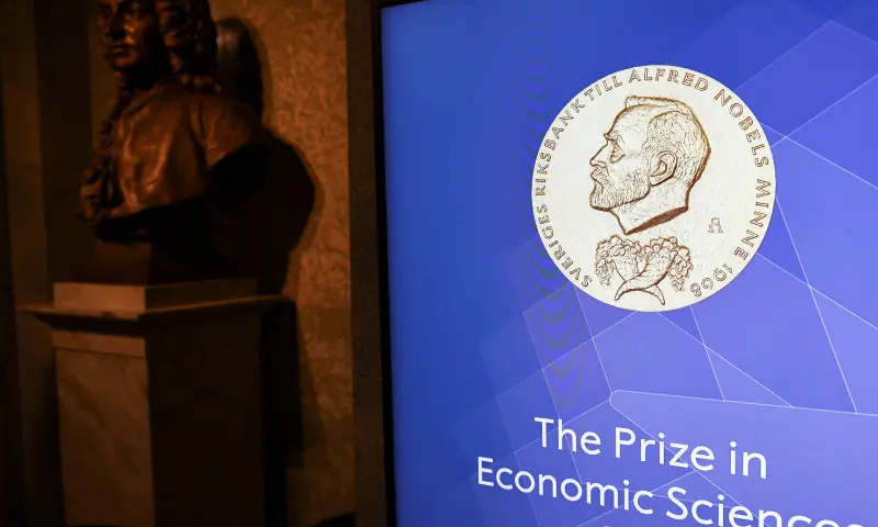 The sign for the Nobel Prize in Economic Sciences in the Royal Swedish Academy of Sciences ahead of the announcement of the 2026 Nobel Prize in Economics in Stockholm, Sweden, on October 12, 2026. — Reuters