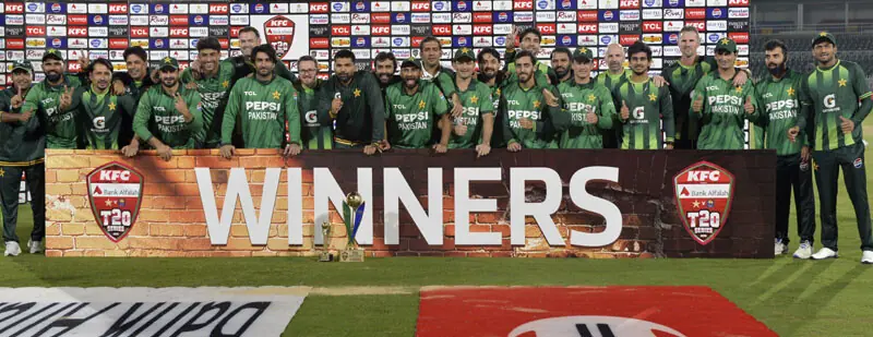 PAKISTAN players celebrate with the series trophy after the third Twenty20 International against Sri Lanka at the Rawalpindi Cricket Stadium on Tuesday.—Tanveer Shahzad/White Star