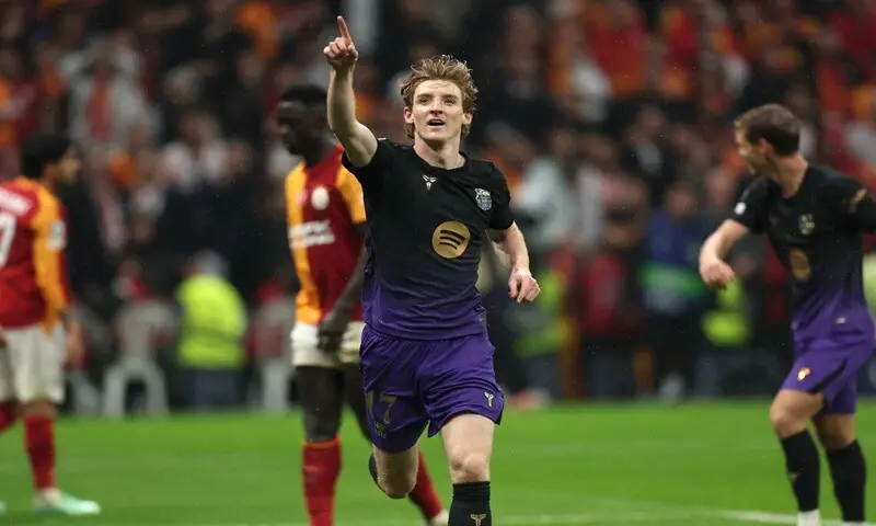 Barcelona’s Anthony Gordon celebrates after scoring against Galatasaray during their Champions League first round match at the Ali Sami Yen Sports Complex in Istanbul, Turkiye, on October 13, 2026. —AFP