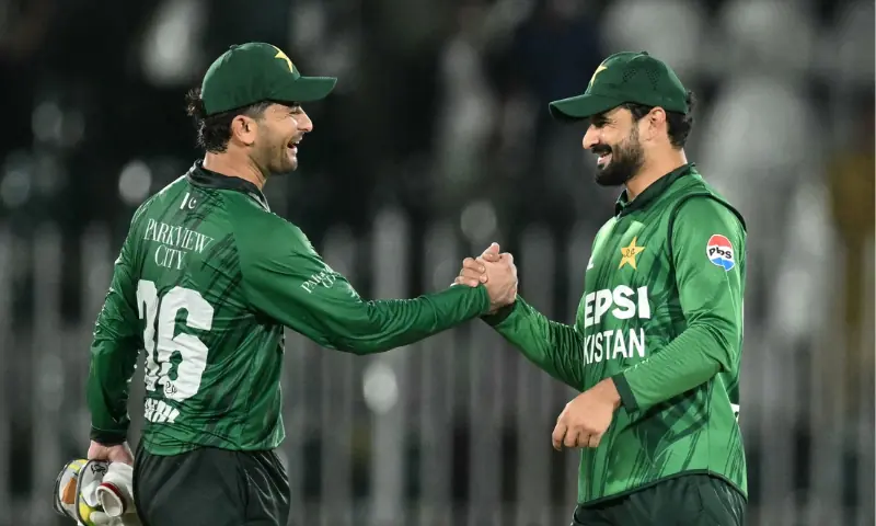 Pakistan captain Sahibzada Farhan (R) and Khawaja Nafay (L) celebrate during the seond Twenty20 International against Sri Lanka at the Rawalpindi Cricket Stadium on Sunday, October 11, 2026.–AFP