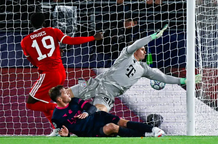 STAVANGER: Bayern Munich goalkeeper Jonas Urbig fails to save a shot by Viking’s Herman Johan Haugen (not pictured) during their match at Viking Stadion.—AFP