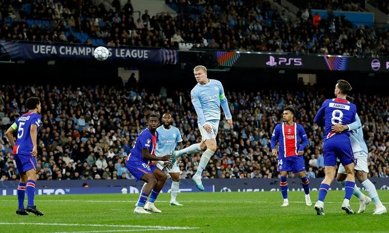 Manchester City’s Erling Haaland (C) heads to score against Paris Saint-Germain during their Champions League first-round match at the Etihad Stadium in Manchester, Britain, on October 14, 2026. —Reuters