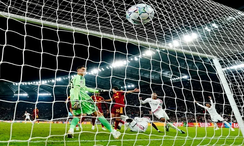 Real Madrid’s Antonio Rudiger (bottom, C) scores against AS Roma during their Champions League first-round match at Stadio Olimpico in Rome, Italy, on October 14, 2026. —Reuters