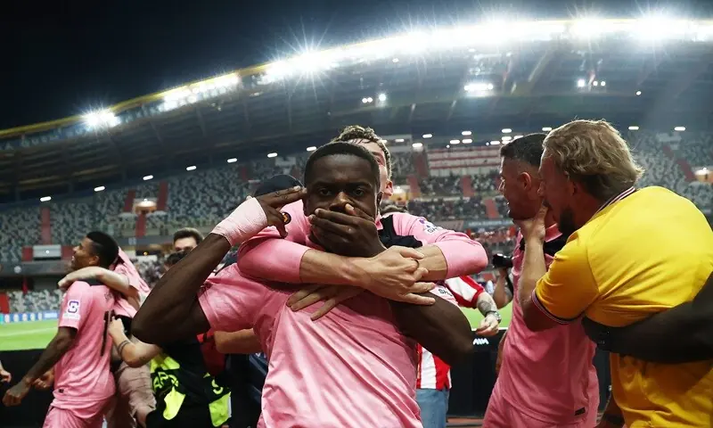 Sunderland’s Noah Sadiki celebrates after scoring against Torreense during their UEFA Europa League first-round match at Estadio Dr. Magalhaes Pessoa in Leiria, Portugal, on October 15, 2026. —Reuters