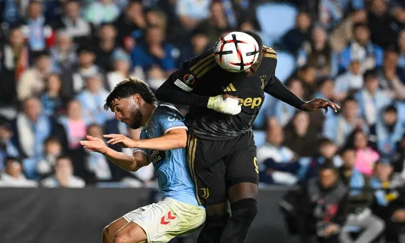 Juventus’ Randal Kolo Muani heads to score the winner against Celta Vigo during their UEFA Europa League first-round match at the Balaidos Stadium in Vigo, Spain, on October 15, 2026. —AFP