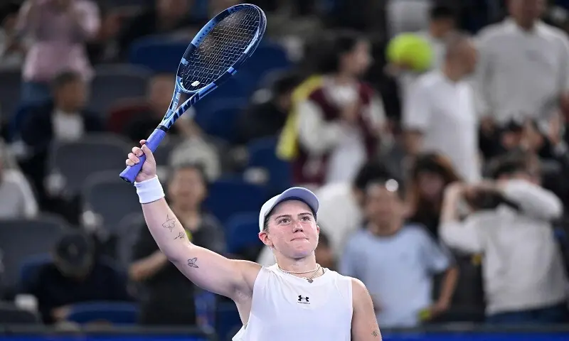 Britain’s Sonay Kartal celebrates after winning her Wuhan Open quarter-final against Ukraine’s Elina Svitolina at the Optics Valley International Tennis Center in Wuhan, China on October 16, 2026. —AFP