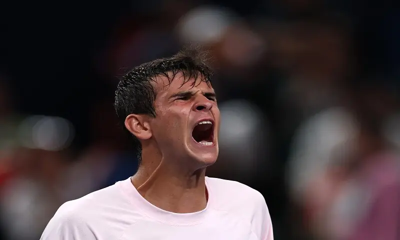 Spain’s Rafael Jodar celebrates after winning his Shanghai Masters quarter final against Norway’s Casper Ruud at the Qizhong Forest Sports City Arena in Shanghai, China, on October 16, 2026. —Reuters