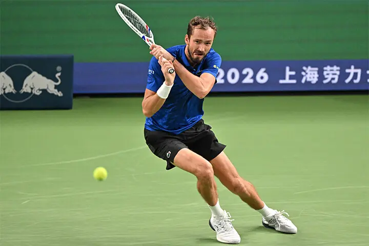 RUSSIA’S Daniil Medvedev returns a shot against Tommy Paul of the US during their Shanghai Masters quarter-final at the Qizhong Forest Sports City Arena on Friday.—AFP
