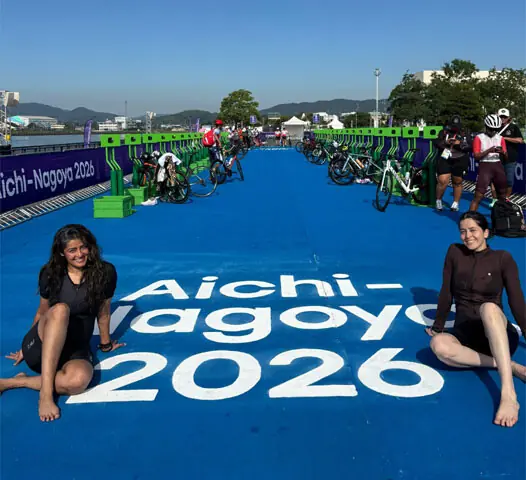   Pakistani triathletes Sana Arif (left) and Anisha Ali at the competition venue of the 20th Asian Games in Aichi-Nagoya, Japan | Courtesy Sana Arif  