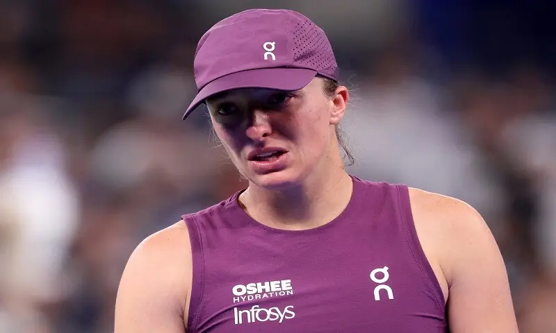 Poland&rsquo;s Iga Swiatek looks dejected during her Wuhan Open semi-final against compatriot Maja Chwalinska at the Optics Valley International Tennis Centre in Wuhan, China, on October 17, 2026. &mdash;Reuters