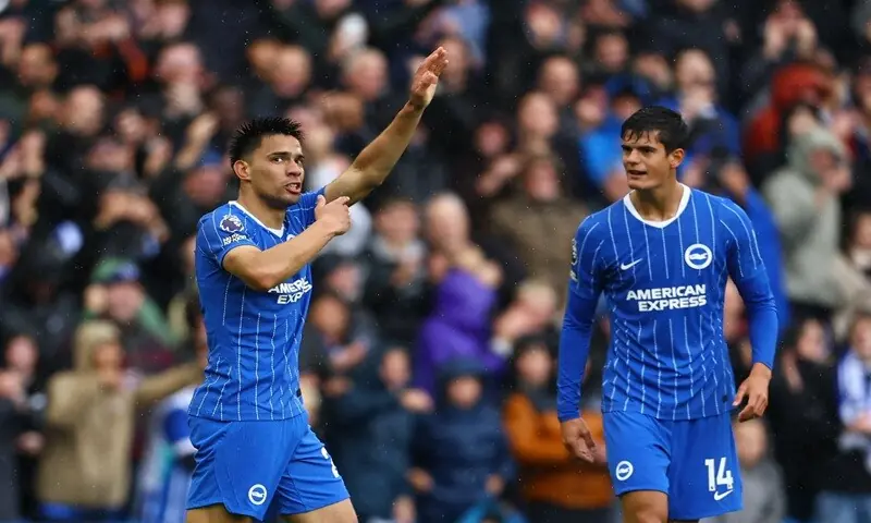 Brighton and Hove Albion&rsquo;s Diego Gomez (L) celebrates after scoring against Crystal Palace during their Premier League match at the American Express Community Stadium in Brighton on October 18, 2026. &mdash;Reuters