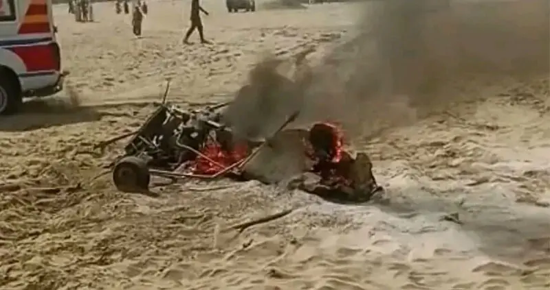 A glider catches fire shortly after take-off during the festival.—Dawn