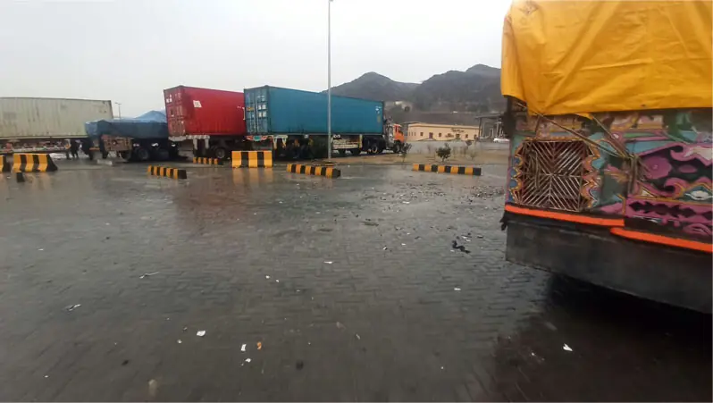 Goods trucks remain parked at the Torkham border’s terminal since its closure amid tensions between Pakistan and Afghanistan.—Photo by the writer