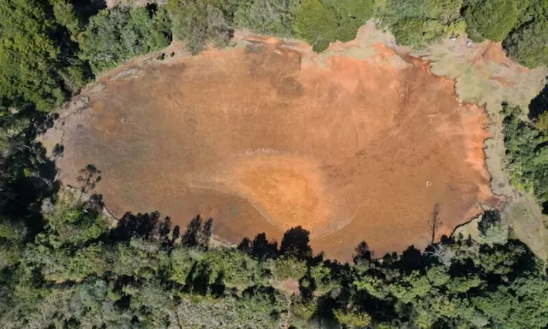 A drone view shows the dried-up Guarne Lagoon at Arvi Park amid drought conditions linked to the El Nino phenomenon, in Medellin, Colombia, September 3, 2026. &mdash;Reuters