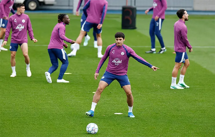 MANCHESTER: Abdukodir Khusanov of Manchester City in action during a training session at the Etihad Campus on Monday.—Reuters