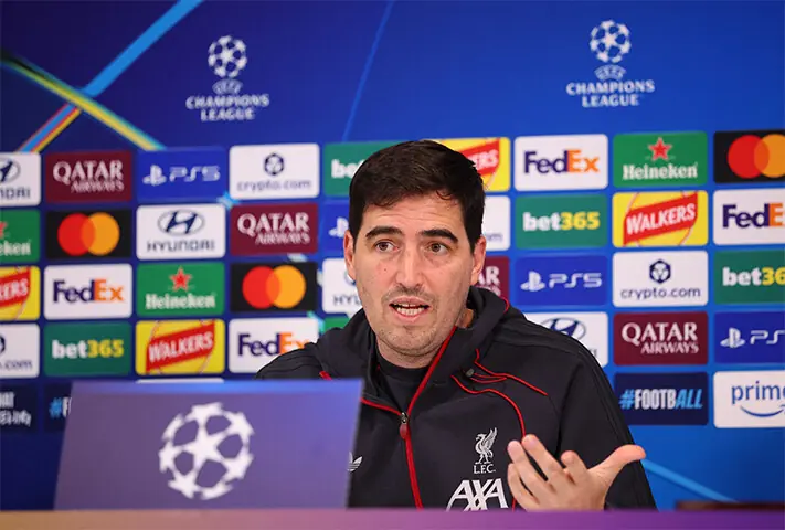 LIVERPOOL: Liverpool manager Andoni Iraola gestures during a press conference at the AXA Training Centre on Monday.—Reuters