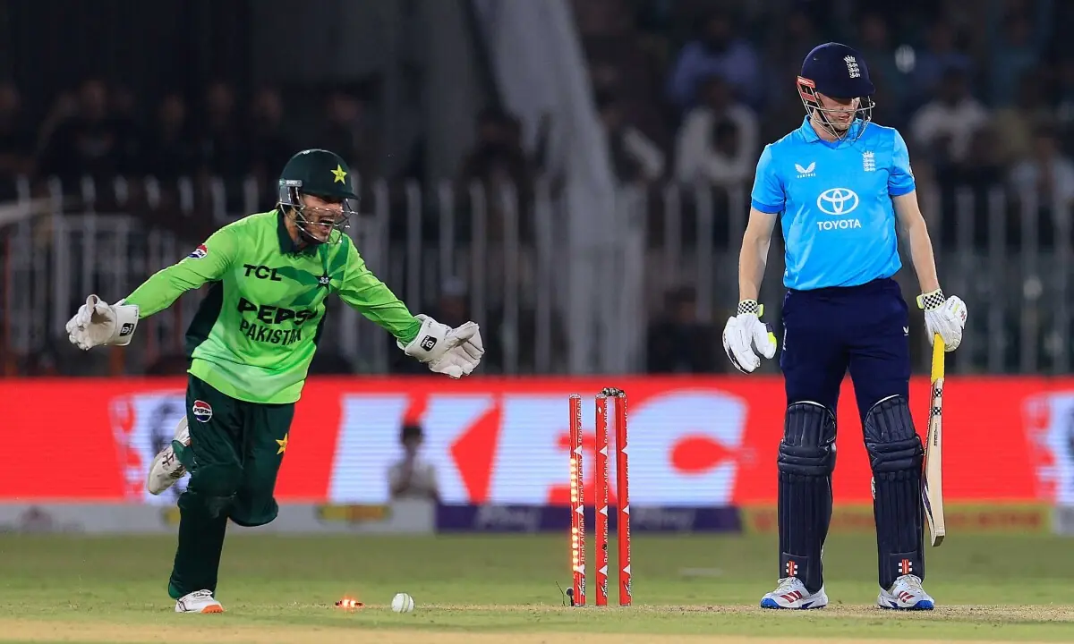 England captain Harry Brook looks stunned after being cleaned up by Pakistan’s Arafat Minhas.—AFP