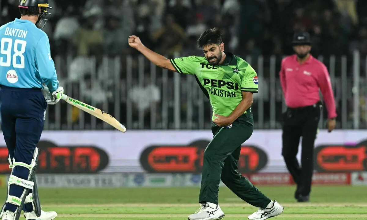 Pakistan pacer Haris Rauf celebrates dismissing England opener Tom Banton.—AFP