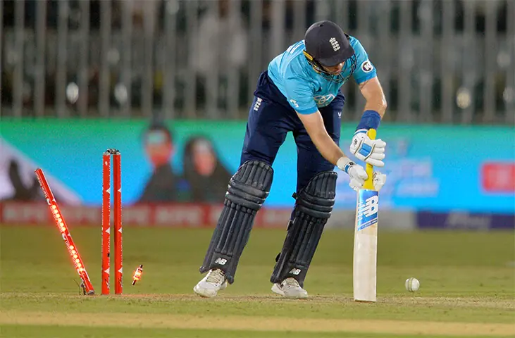 RAWALPINDI: England batter Joe Root is cleaned up by Pakistan pacer Naseem Shah during the ODI tri-series match at the Rawalpindi Cricket Stadium on Tuesday.—Tanveer Shahzad/White Star