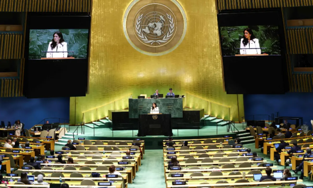 United Arab Emirates’ Assistant Minister for Political Affairs and Foreign Minister’s Envoy Lana Nusseibeh addresses the United Nations General Assembly at UN headquarters in New York City on September 27, 2025. —AFP