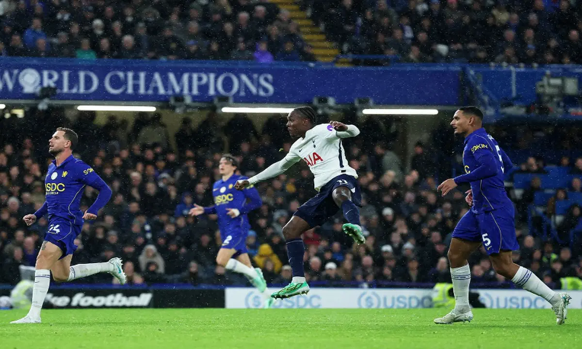 Tottenham Hotspur&rsquo;s Mathys Tel (C) scores against Chelsea during their Premier League match at Stamford Bridge in London on October 24, 2026. &mdash;Reuters